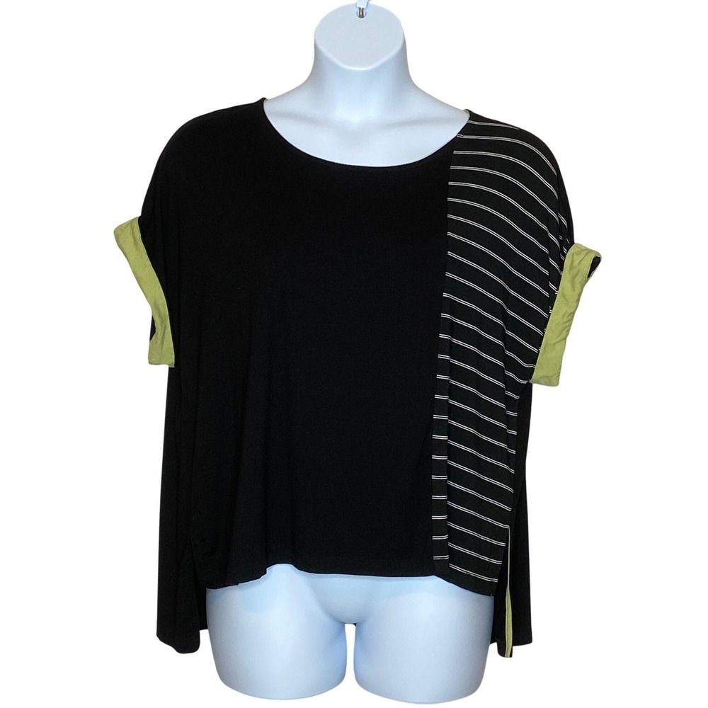 Lisa Bayne Womens Colorblock Top Size M Black Oversized High Low Lagenlook Artsy